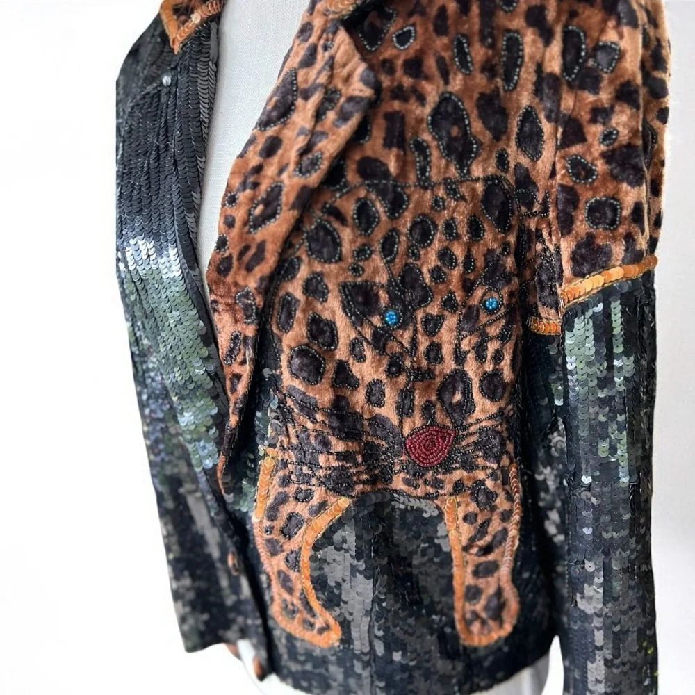 🌻Vintage MODI Exotic Leopard Jeweled Beaded Silk Jacket Circa 1980s Size Medium - Picture 7 of 12